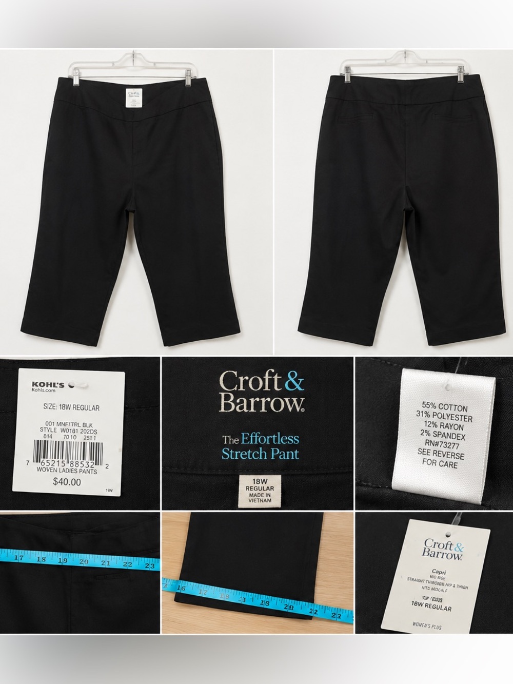 Croft & Barrow Black Capri Pants Womens 18W Effortless Stretch Pull On NWT